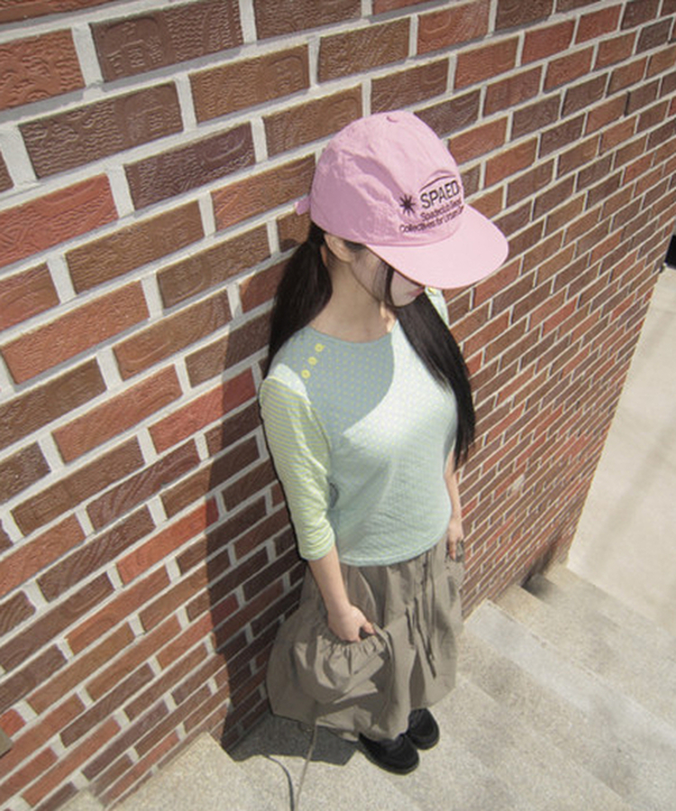 カラーストライプボタン7分Tシャツ SKYBLUE