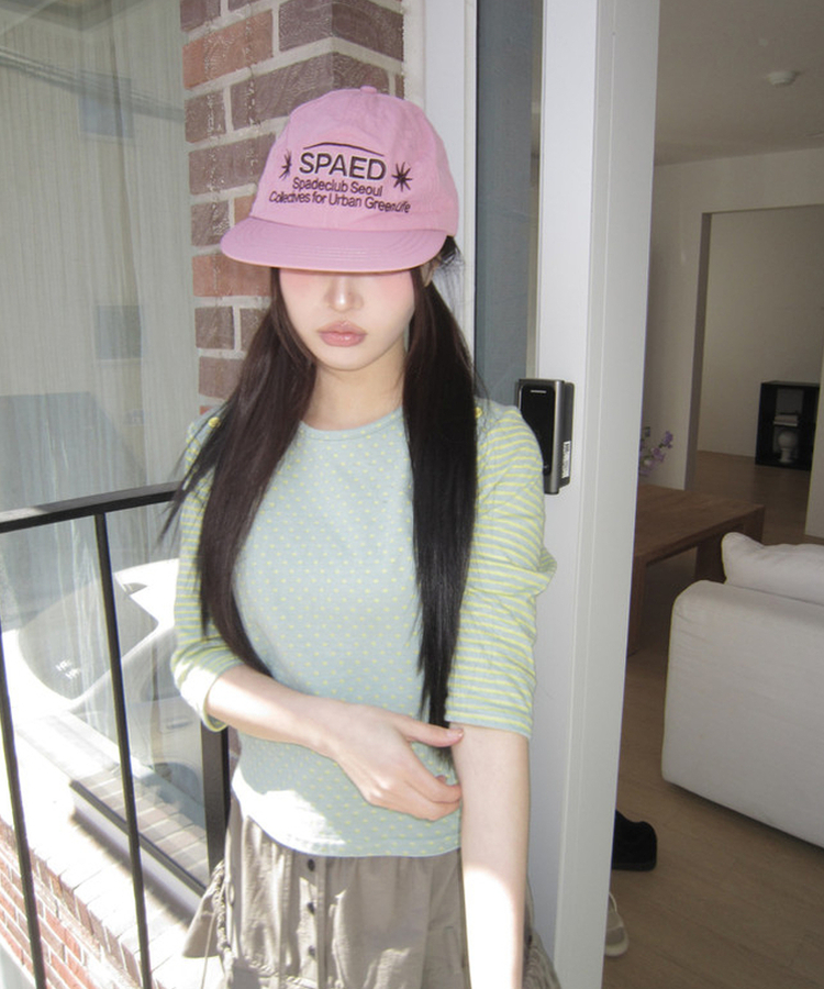 カラーストライプボタン7分Tシャツ SKYBLUE