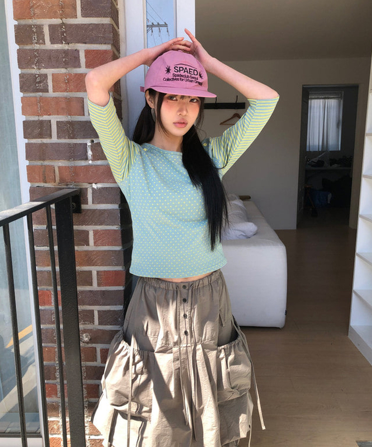 カラーストライプボタン7分Tシャツ SKYBLUE