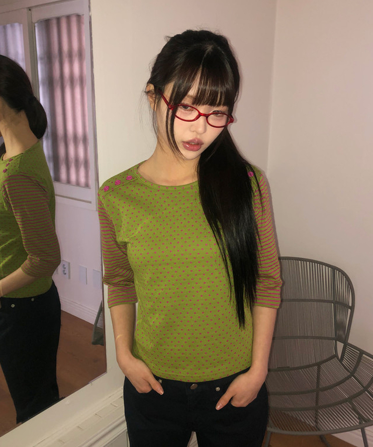 カラーストライプボタン7分Tシャツ OLIVE