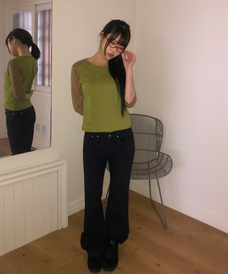 カラーストライプボタン7分Tシャツ OLIVE