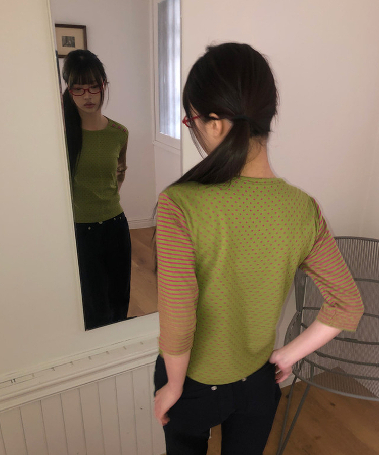 カラーストライプボタン7分Tシャツ OLIVE