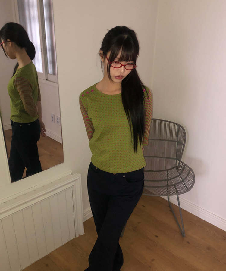 カラーストライプボタン7分Tシャツ OLIVE