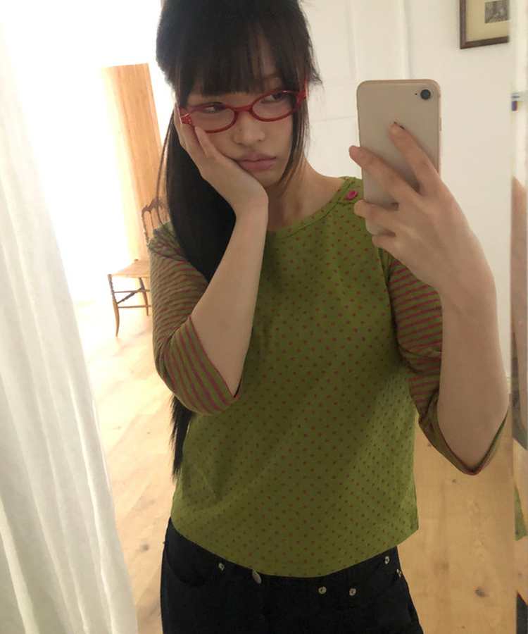 カラーストライプボタン7分Tシャツ OLIVE