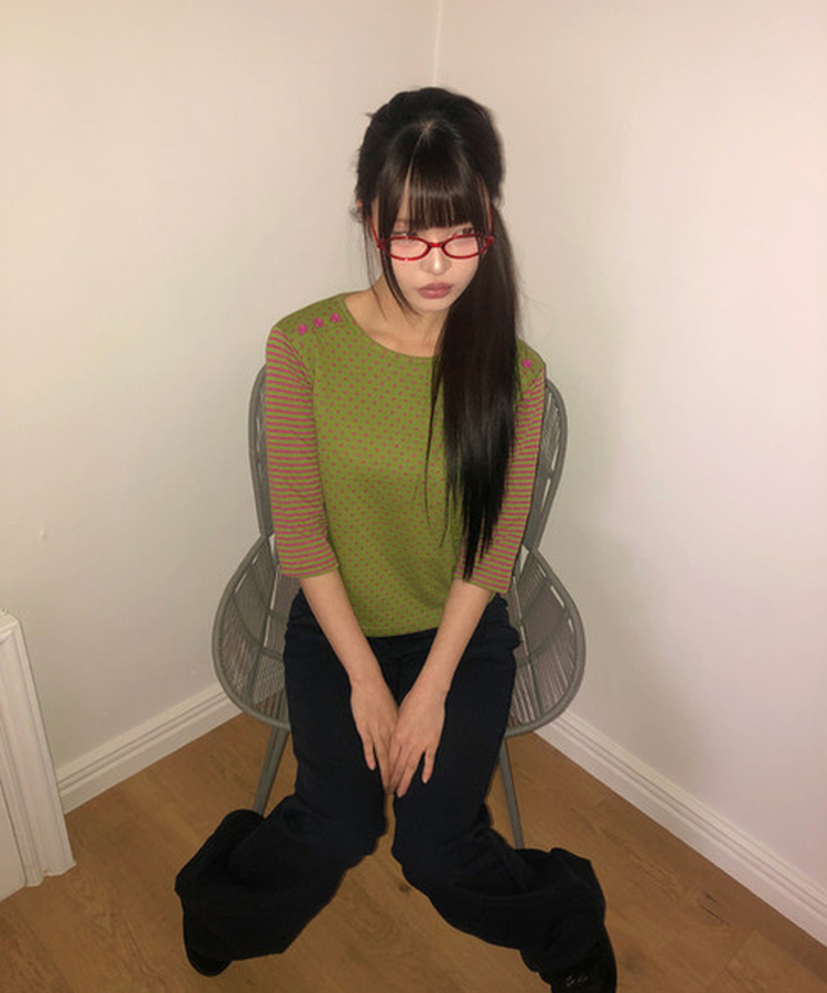 カラーストライプボタン7分Tシャツ OLIVE