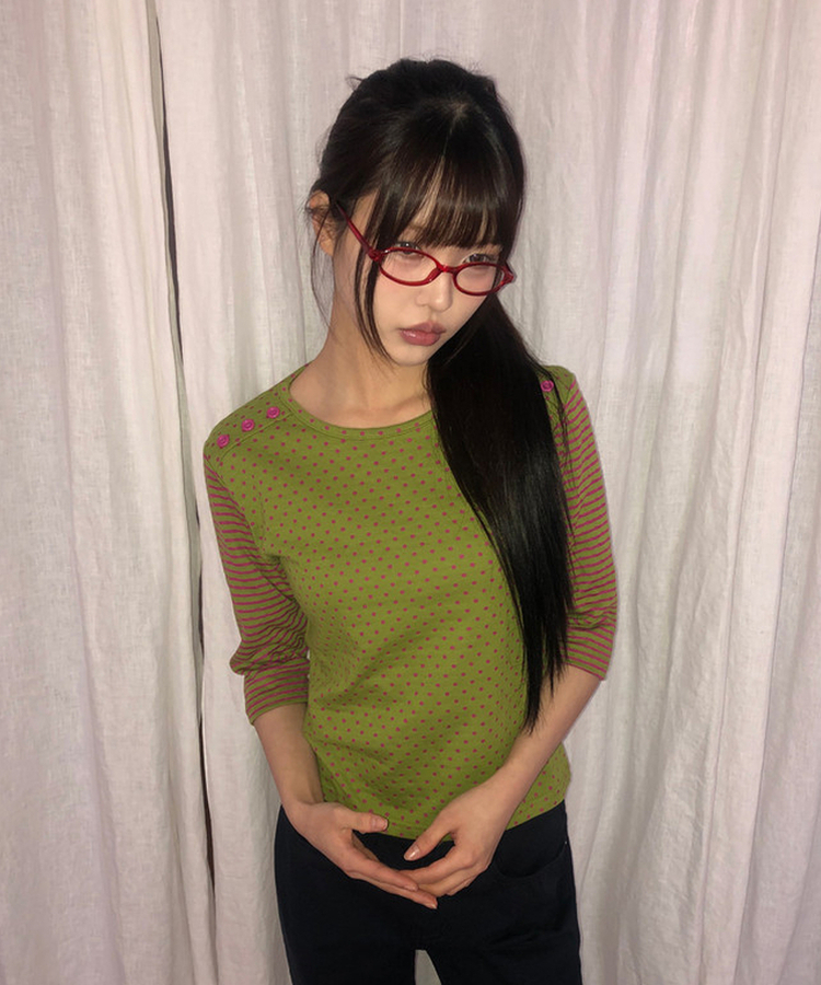 カラーストライプボタン7分Tシャツ OLIVE