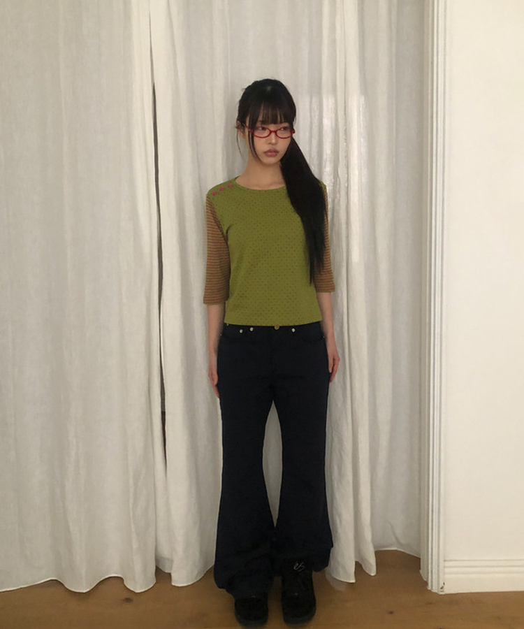 カラーストライプボタン7分Tシャツ OLIVE