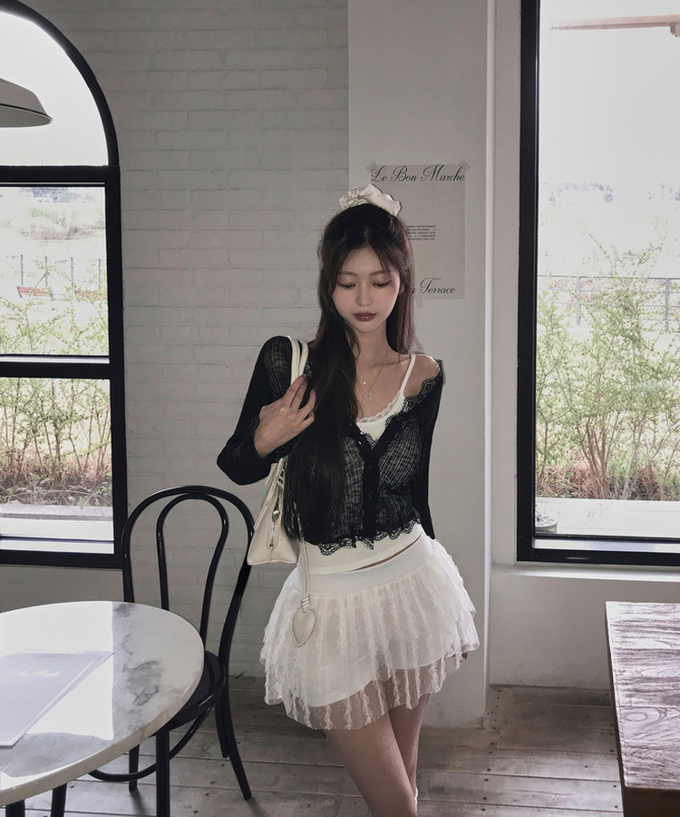 レースフリルシースルーカーディガン(6color) BLACK