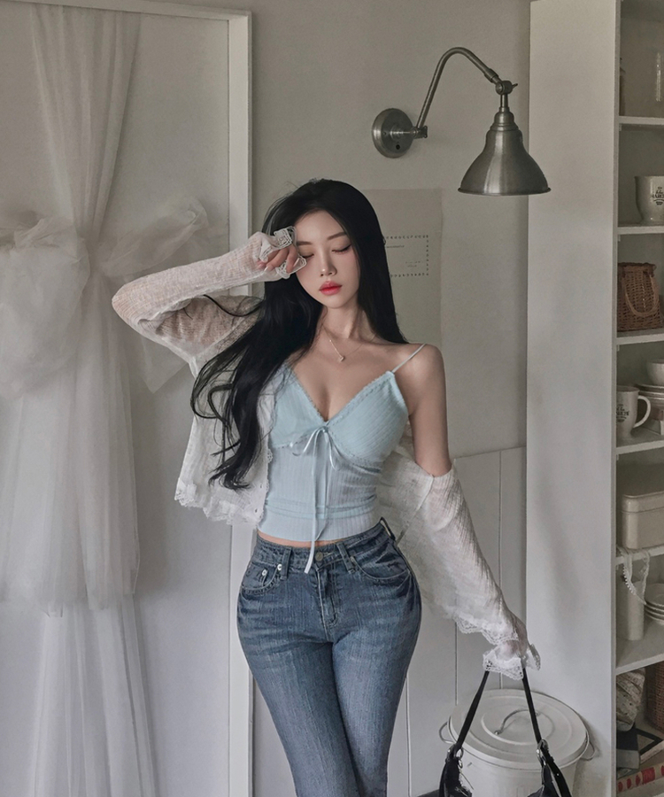 レースリボンリブキャミソール(5color) SKYBLUE