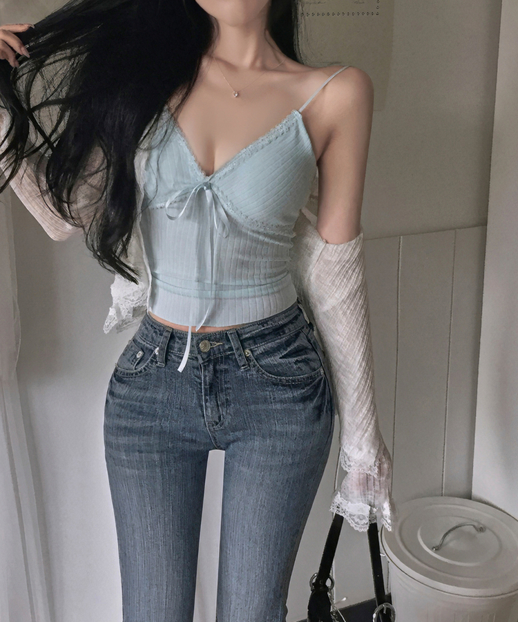 レースリボンリブキャミソール(5color) SKYBLUE