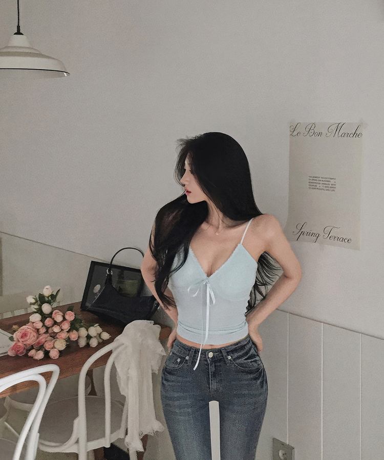 レースリボンリブキャミソール(5color) SKYBLUE