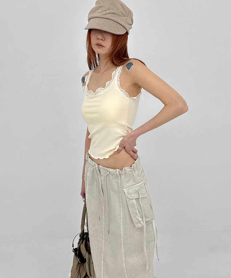 【カップ付き】レースクロップフリルキャミソール CREAM