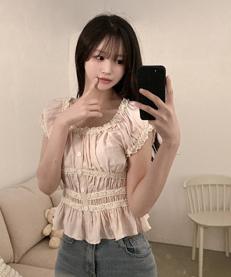 レースフリル半袖ブラウス PINK