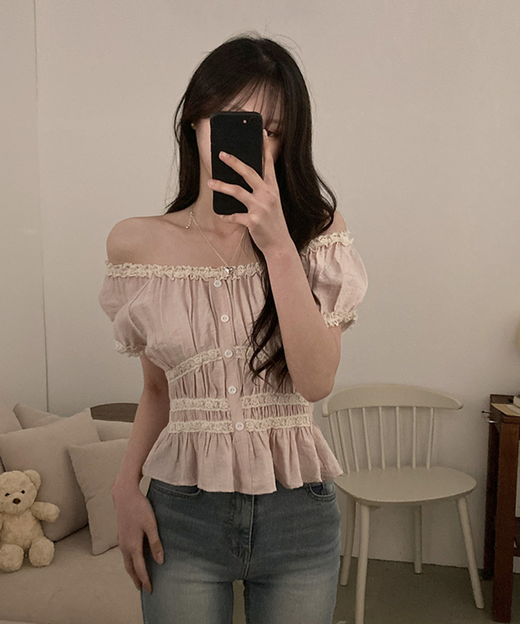 レースフリル半袖ブラウス PINK