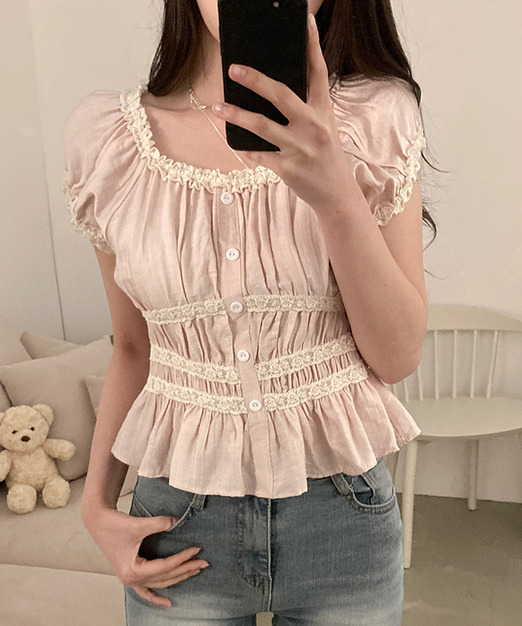 レースフリル半袖ブラウス PINK