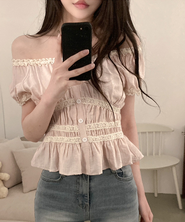 レースフリル半袖ブラウス PINK