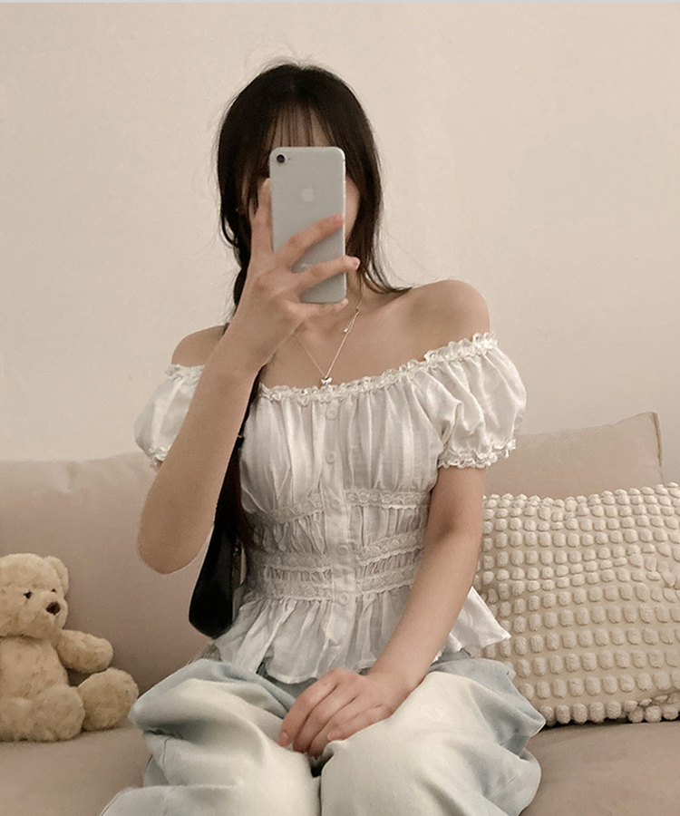 レースフリル半袖ブラウス WHITE