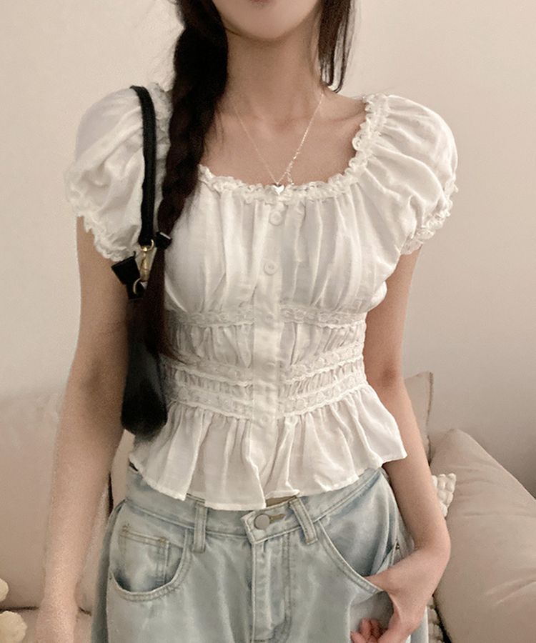 レースフリル半袖ブラウス WHITE