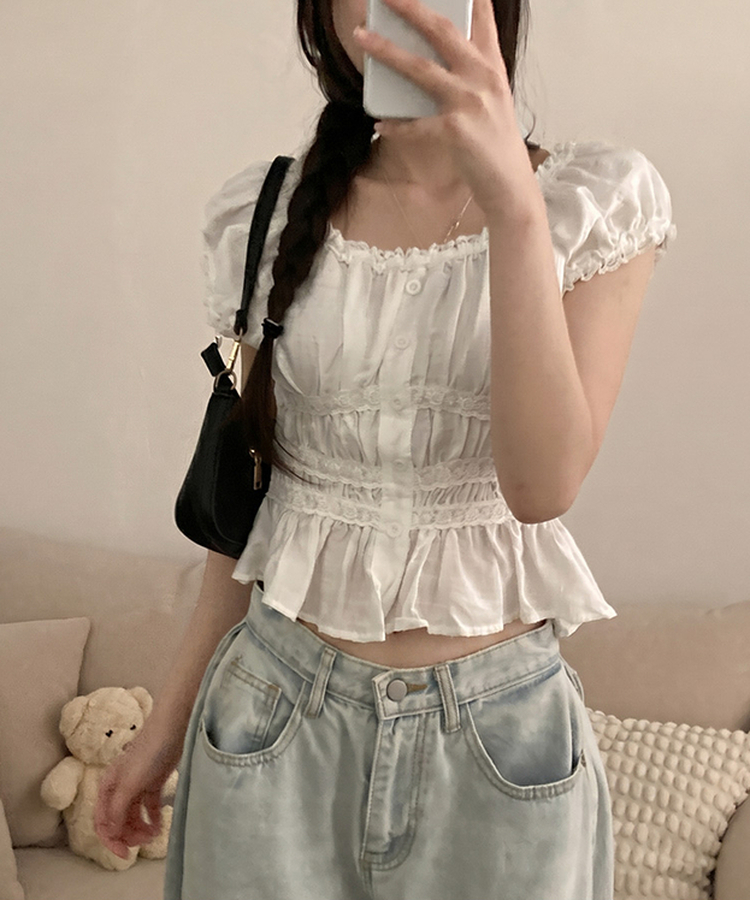 レースフリル半袖ブラウス WHITE