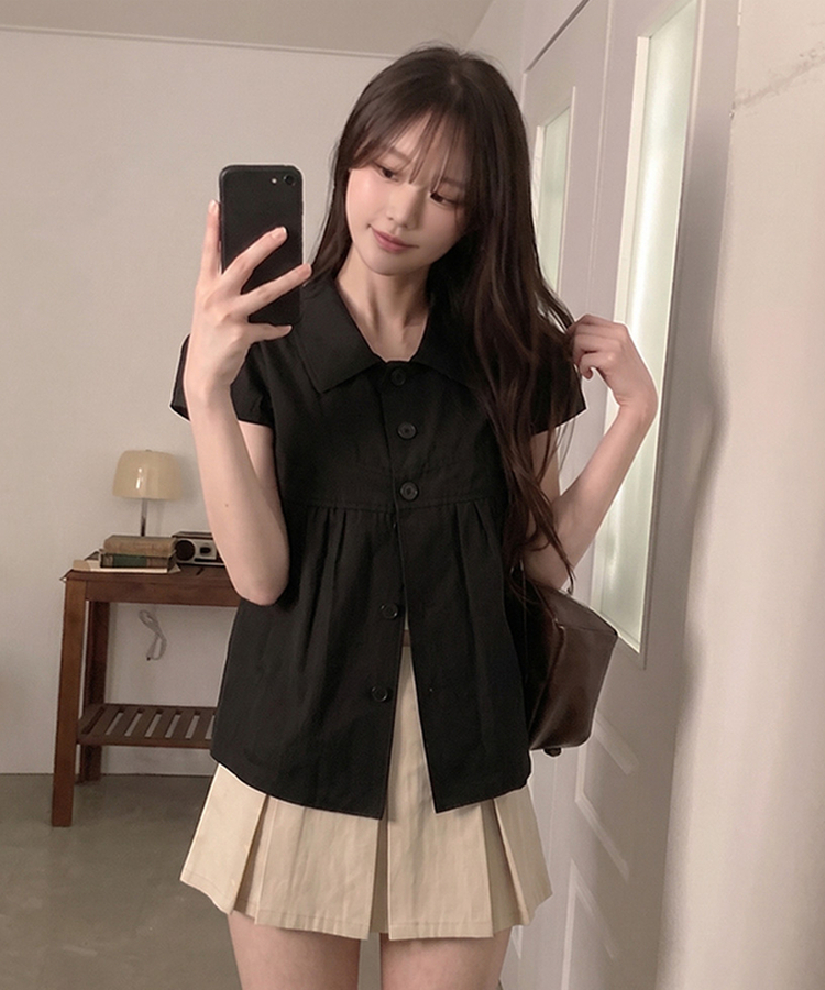 キャップスリーブ半袖ブラウス BLACK