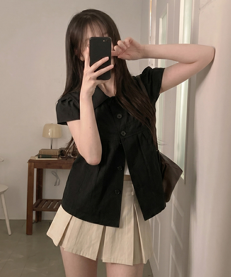 キャップスリーブ半袖ブラウス BLACK