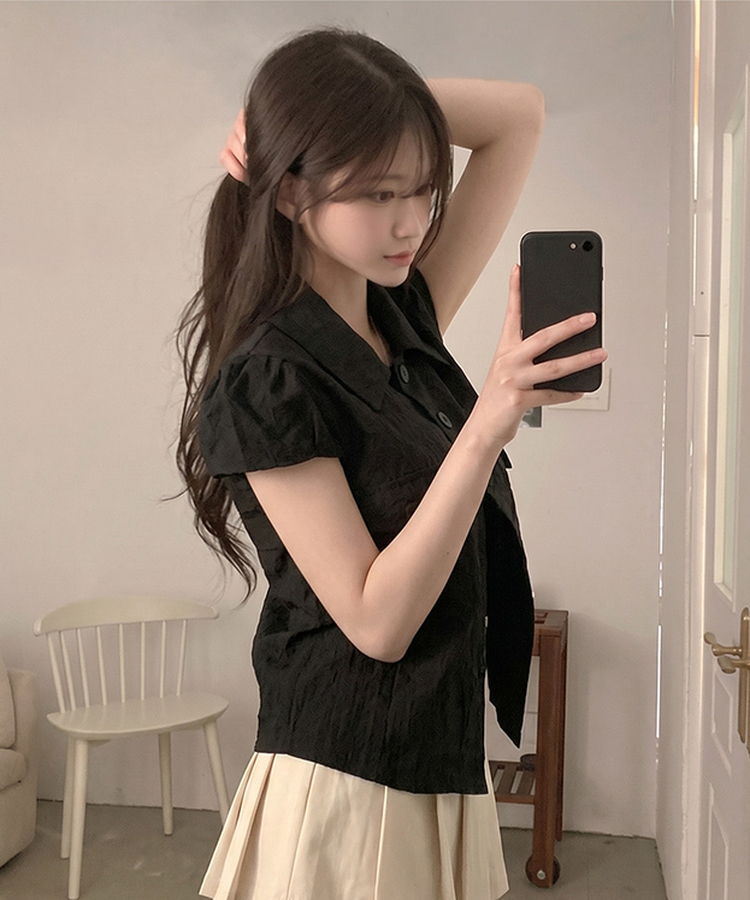 キャップスリーブ半袖ブラウス BLACK