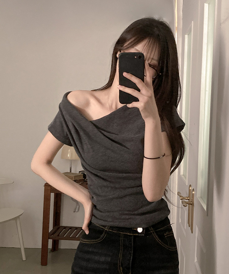 ドレープアンバランス半袖Tシャツ CHARCOAL