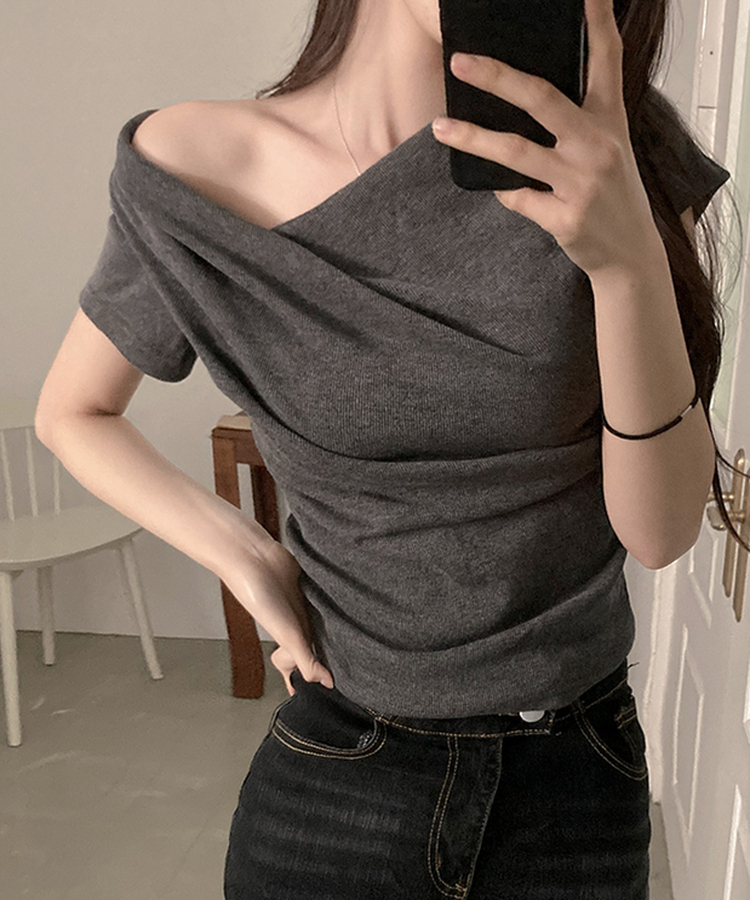 ドレープアンバランス半袖Tシャツ CHARCOAL