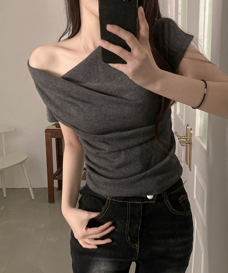 ドレープアンバランス半袖Tシャツ CHARCOAL