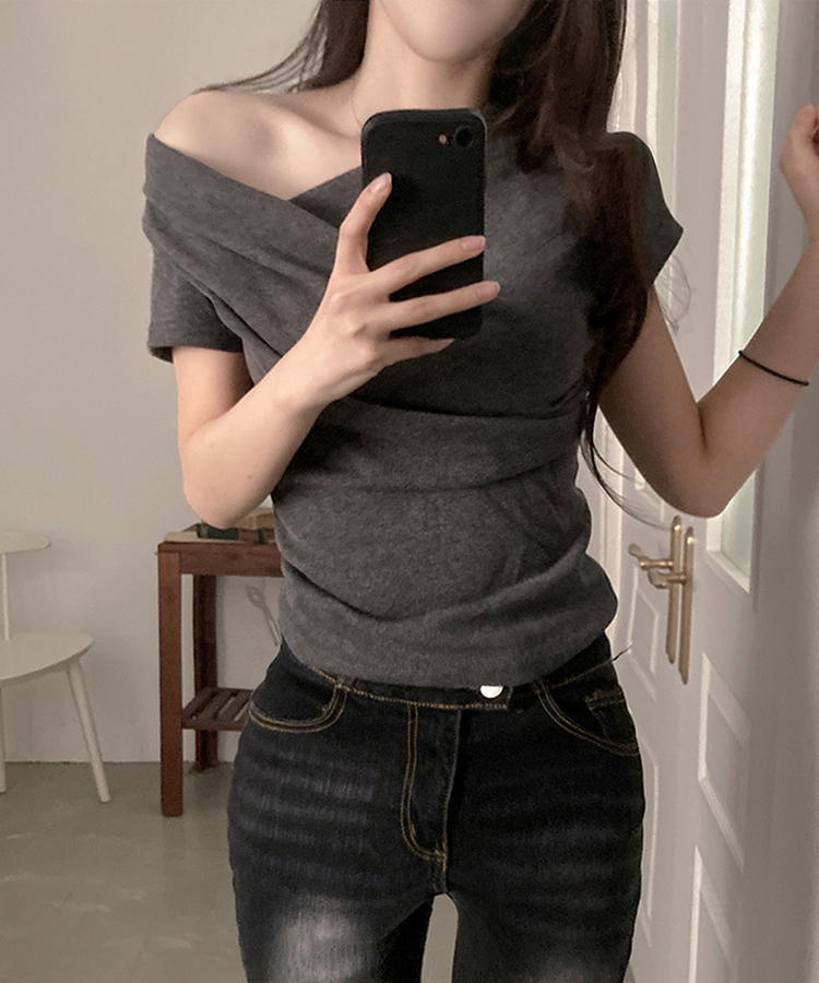 ドレープアンバランス半袖Tシャツ CHARCOAL