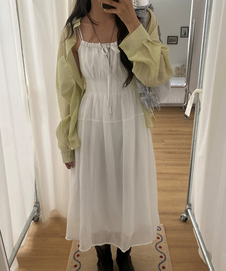 シャーリングレイヤードロングビスチェワンピース WHITE