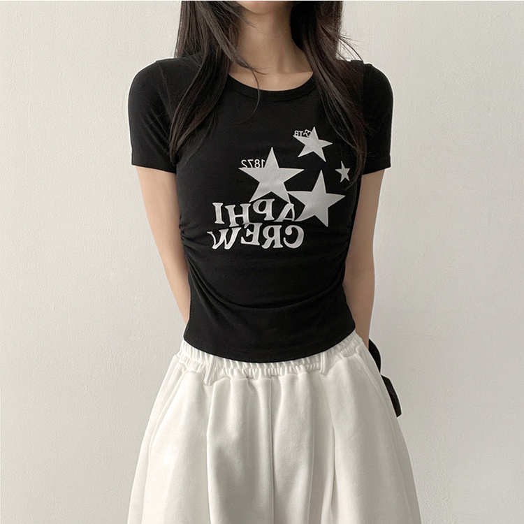 星プリントサイドシャーリング半袖Tシャツ(5color) BLACK