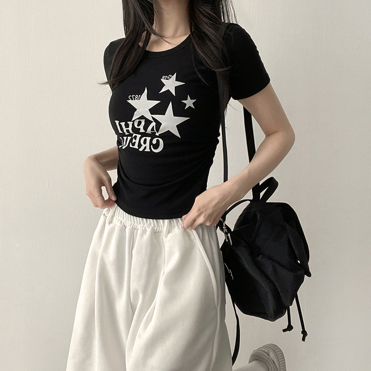 星プリントサイドシャーリング半袖Tシャツ(5color) BLACK