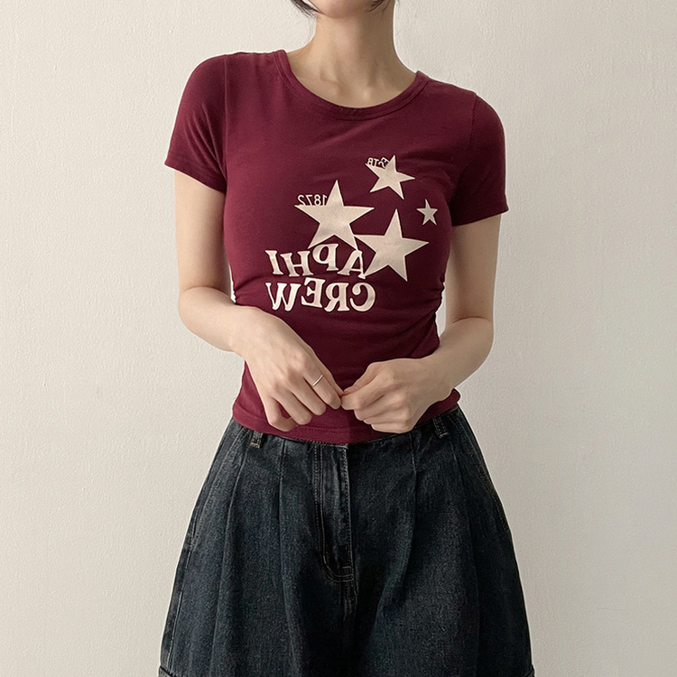 星プリントサイドシャーリング半袖Tシャツ(5color) WINE