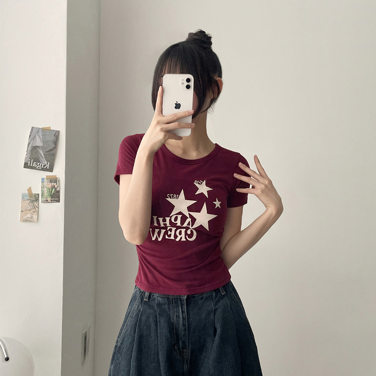 星プリントサイドシャーリング半袖Tシャツ(5color) WINE