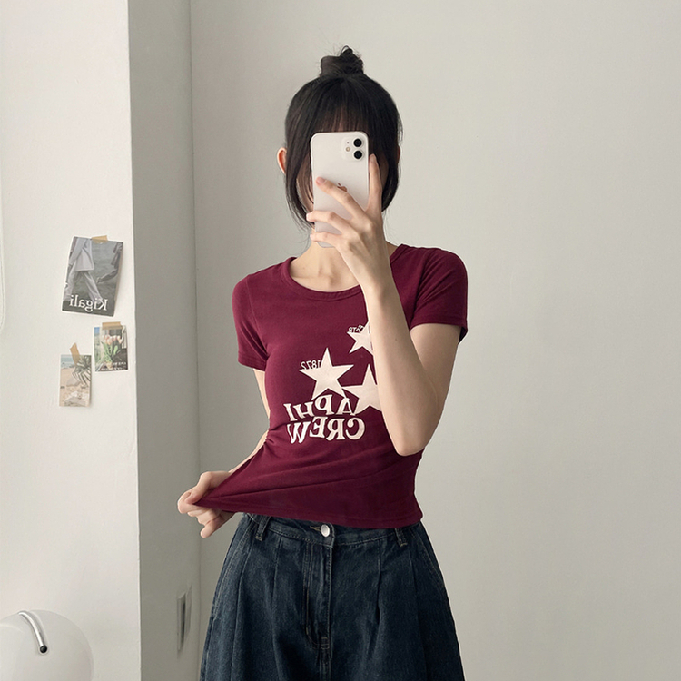 星プリントサイドシャーリング半袖Tシャツ(5color) WINE