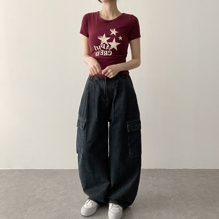 星プリントサイドシャーリング半袖Tシャツ(5color) WINE