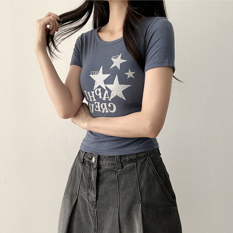 星プリントサイドシャーリング半袖Tシャツ(5color) DEEP SKY BLUE