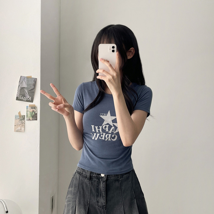 星プリントサイドシャーリング半袖Tシャツ(5color) DEEP SKY BLUE