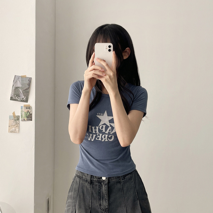 星プリントサイドシャーリング半袖Tシャツ(5color) DEEP SKY BLUE