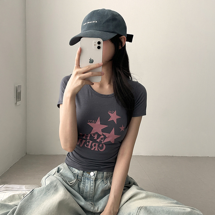 星プリントサイドシャーリング半袖Tシャツ(5color) CHARCOAL