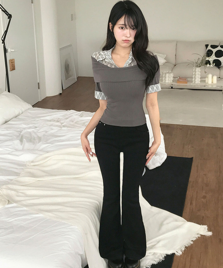 レイヤードチェック半袖シャツ CHARCOAL