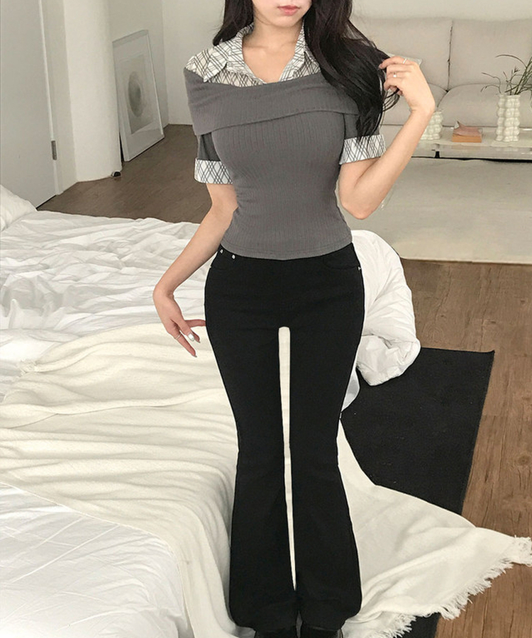 レイヤードチェック半袖シャツ CHARCOAL