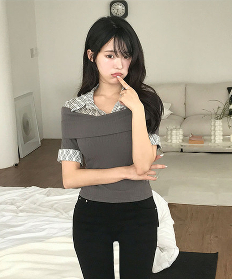 レイヤードチェック半袖シャツ CHARCOAL