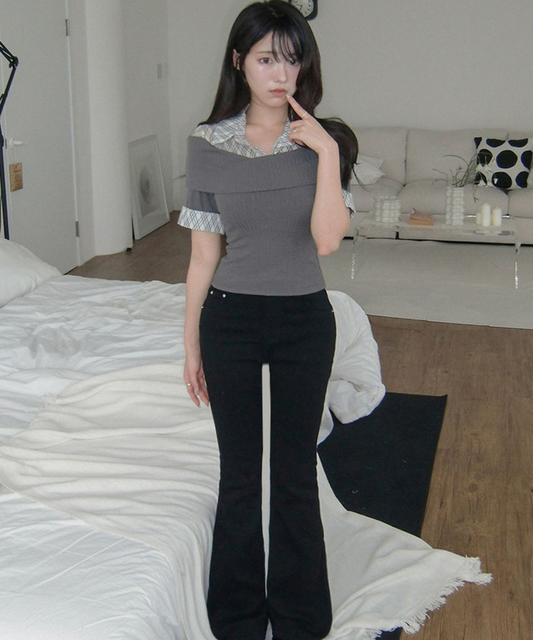 レイヤードチェック半袖シャツ CHARCOAL