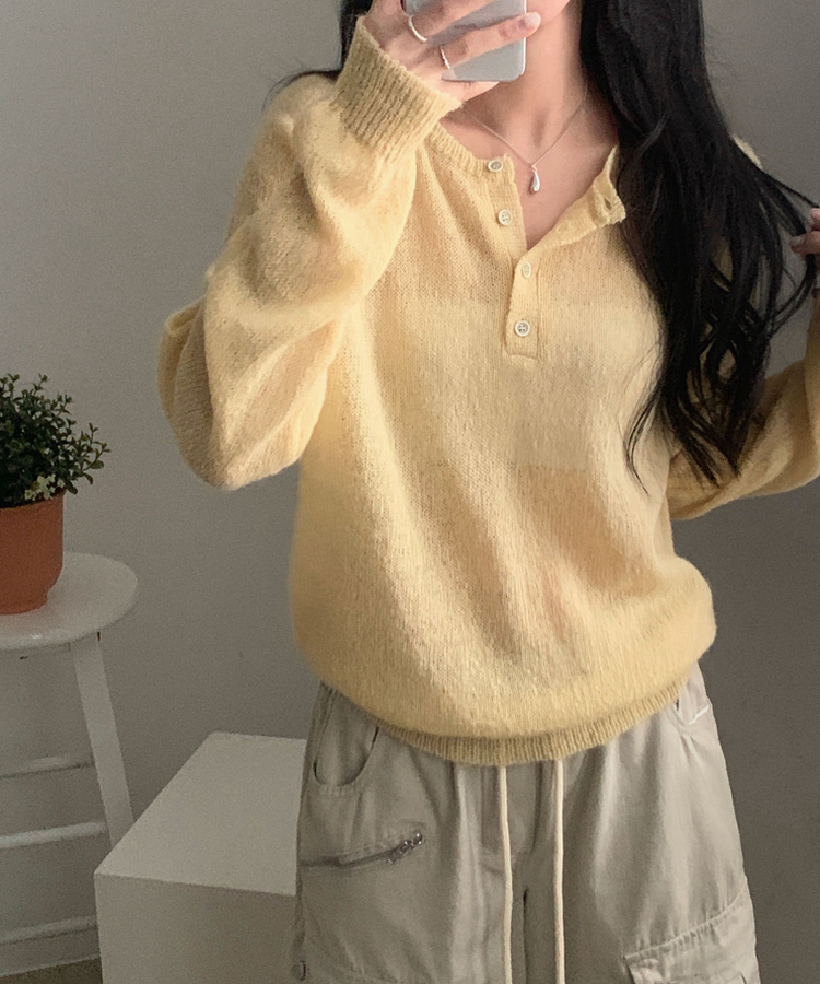 ボタンラウンドニット(9color) YELLOW