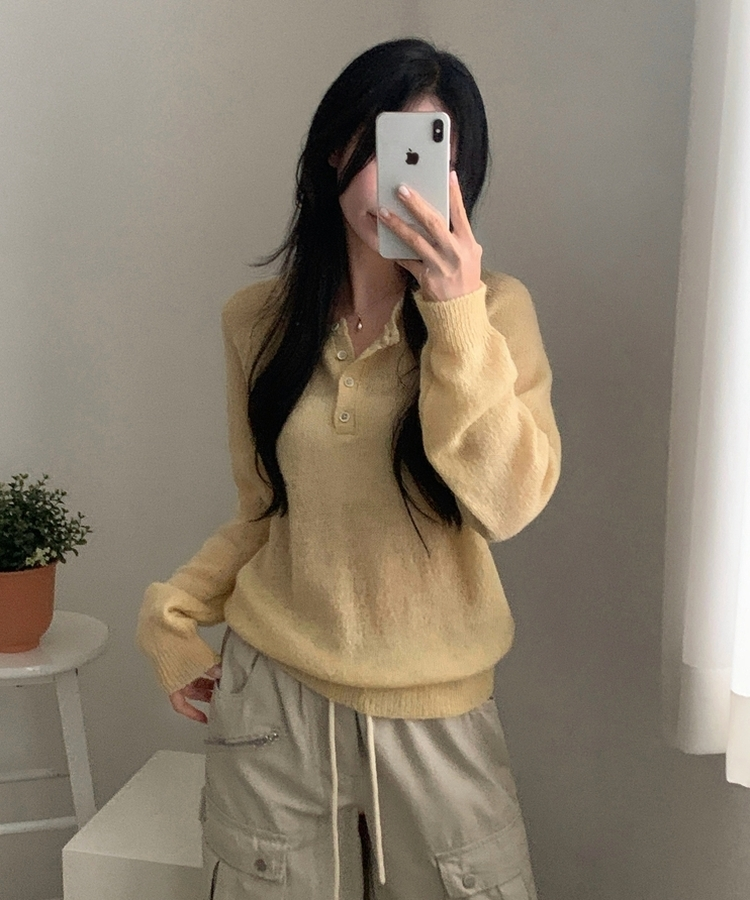 ボタンラウンドニット(9color) YELLOW