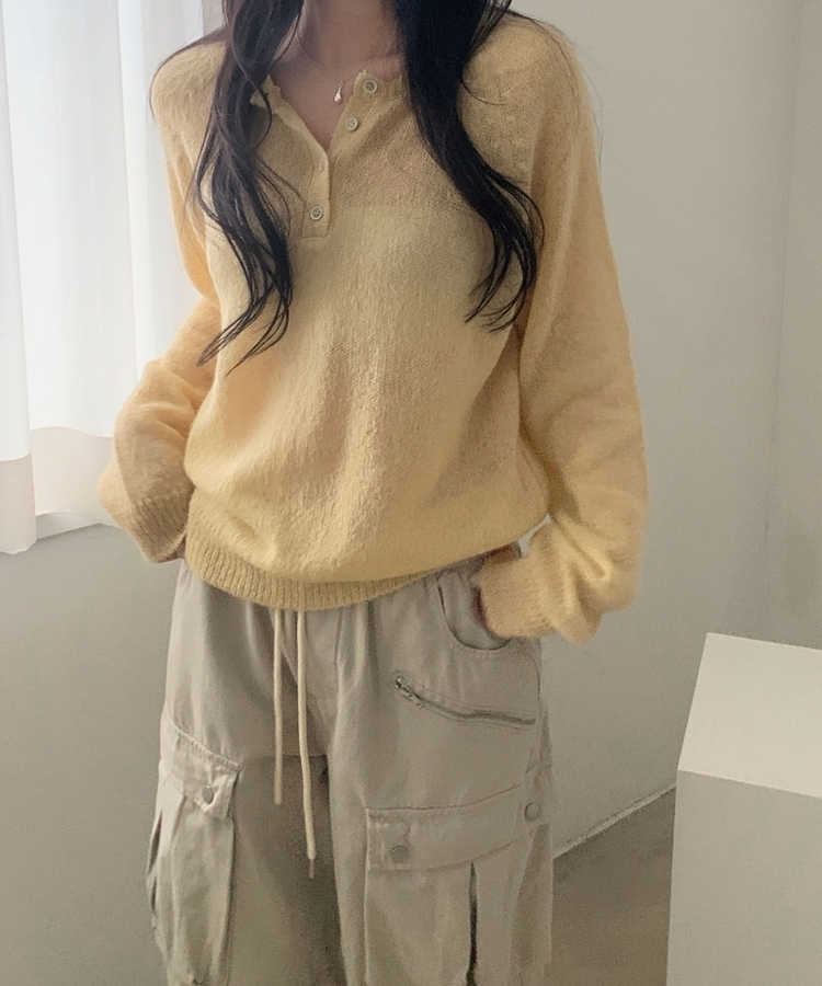 ボタンラウンドニット(9color) YELLOW