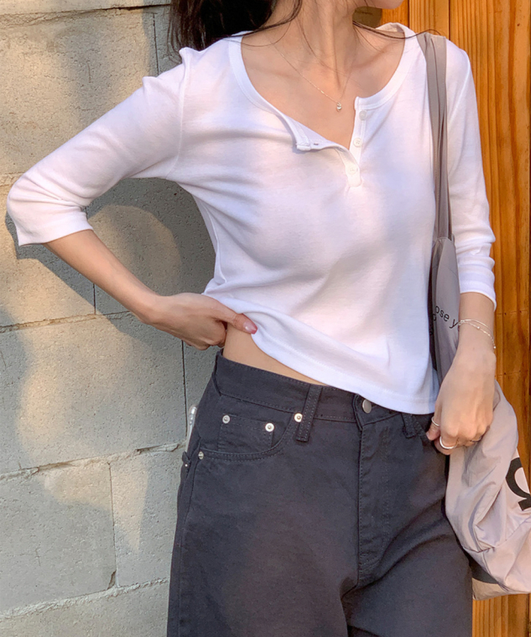 ヘンリーネックボタン7分Tシャツ IVORY