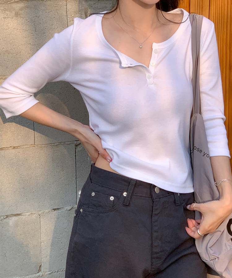ヘンリーネックボタン7分Tシャツ IVORY
